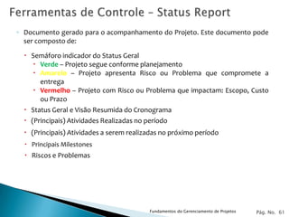 ◦ Documento gerado para o acompanhamento do Projeto. Este documento pode
  ser composto de:

   Semáforo indicador do Status Geral
     Verde – Projeto segue conforme planejamento
     Amarelo – Projeto apresenta Risco ou Problema que compromete a
      entrega
     Vermelho – Projeto com Risco ou Problema que impactam: Escopo, Custo
      ou Prazo
   Status Geral e Visão Resumida do Cronograma
   (Principais) Atividades Realizadas no período
   (Principais) Atividades a serem realizadas no próximo período
   Principais Milestones
   Riscos e Problemas




                                          Fundamentos do Gerenciamento de Projetos   Pág. No. 61
 