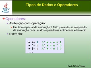 Tipos de Dados e Operadores


➔   Operadores:
       Atribuição com operação:
            Um tipo especial de atribuição é feito juntando-se o operador
             de atribuição com um dos operadores aritméticos e bit-a-bit.
       Exemplo:

                         a += 1     // a = a + 1
                         a *= b     // a = a * b
                         a |= b     // a = a | b
                         ...




                                                         Prof. Nécio Veras
 