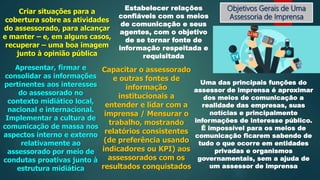 Objetivos Gerais de Uma
Assessoria de Imprensa
Estabelecer relações
confiáveis com os meios
de comunicação e seus
agentes, com o objetivo
de se tornar fonte de
informação respeitada e
requisitada
Criar situações para a
cobertura sobre as atividades
do assessorado, para alcançar
e manter – e, em alguns casos,
recuperar – uma boa imagem
junto à opinião pública
Apresentar, firmar e
consolidar as informações
pertinentes aos interesses
do assessorado no
contexto midiático local,
nacional e internacional.
Implementar a cultura de
comunicação de massa nos
aspectos interno e externo
relativamente ao
assessorado por meio de
condutas proativas junto à
estrutura midiática
Capacitar o assessorado
e outras fontes de
informação
institucionais a
entender e lidar com a
imprensa / Mensurar o
trabalho, mostrando
relatórios consistentes
(de preferência usando
indicadores ou KPI) aos
assessorados com os
resultados conquistados
Uma das principais funções do
assessor de imprensa é aproximar
dos meios de comunicação a
realidade das empresas, suas
notícias e principalmente
informações de interesse público.
É impossível para os meios de
comunicação ficarem sabendo de
tudo o que ocorre em entidades
privadas e organismos
governamentais, sem a ajuda de
um assessor de imprensa
 