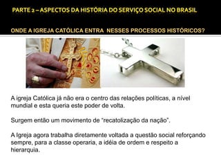 CAPÍTULO 1 – A QUESTÃO SOCIAL NAS DÉCADAS DE 20 E 30 E AS BASES PARA A IMPLANTAÇÃO DO SERVIÇO SOCIAL.

ONDE A IGREJA CATÓLICA ENTRA NESSES PROCESSOS HISTÓRICOS?

A igreja Católica já não era o centro das relações políticas, a nível
mundial e esta queria este poder de volta.
Surgem então um movimento de “recatolização da nação”.
A Igreja agora trabalha diretamente voltada a questão social reforçando
sempre, para a classe operaria, a idéia de ordem e respeito a
hierarquia.

 