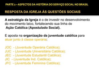 CAPÍTULO 1 – A QUESTÃO SOCIAL NAS DÉCADAS DE 20 E 30 E AS BASES PARA A IMPLANTAÇÃO DO SERVIÇO SOCIAL.

RESPOSTA DA IGREJA ÁS QUESTÕES SOCIAIS
A estratégia da Igreja é o de investir no desenvolvimento
do movimento laico, fortalecendo sua linha de
Ação Católica (Apostulado Social).
E aposta na organização da juventude católica para
atuar junto à classe operária:
JOC - (Juventude Operária Católica);
JUC - (Juventude Universitária Católica);
JEC - (Juventude Estudantil Católica);
JIC - (Juventude Ind. Católica);
JFC - (Juventude Feminina Católica);

 