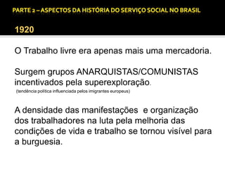 CAPÍTULO 1 – A QUESTÃO SOCIAL NAS DÉCADAS DE 20 E 30 E AS BASES PARA A IMPLANTAÇÃO DO SERVIÇO SOCIAL.

1920
O Trabalho livre era apenas mais uma mercadoria.
Surgem grupos ANARQUISTAS/COMUNISTAS
incentivados pela superexploração.
(tendência política influenciada pelos imigrantes europeus)

A densidade das manifestações e organização
dos trabalhadores na luta pela melhoria das
condições de vida e trabalho se tornou visível para
a burguesia.

 
