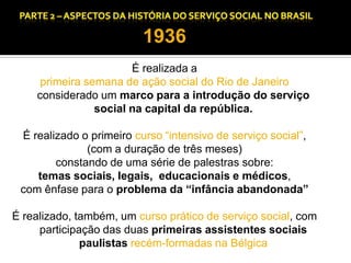 CAPÍTULO 1 – A QUESTÃO SOCIAL NAS DÉCADAS DE 20 E 30 E AS BASES PARA A IMPLANTAÇÃO DO SERVIÇO SOCIAL.

1936

É realizada a
primeira semana de ação social do Rio de Janeiro
considerado um marco para a introdução do serviço
social na capital da república.
É realizado o primeiro curso “intensivo de serviço social”,
(com a duração de três meses)
constando de uma série de palestras sobre:
temas sociais, legais, educacionais e médicos,
com ênfase para o problema da “infância abandonada”

É realizado, também, um curso prático de serviço social, com
participação das duas primeiras assistentes sociais
paulistas recém-formadas na Bélgica

 