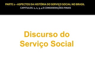 CAPITULOS: 1, 2, 3, 4 E CONSIDERAÇÕES FINAIS

CAPÍTULO 1 – A QUESTÃO SOCIAL NAS DÉCADAS DE 20 E 30 E AS BASES PARA A IMPLANTAÇÃO DO SERVIÇO SOCIAL.

Discurso do
Serviço Social

 