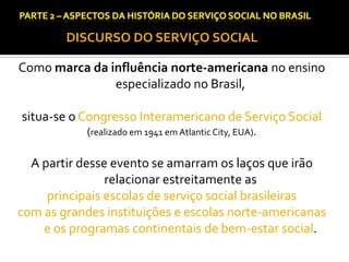 CAPÍTULO 1 – A QUESTÃO SOCIAL NAS DÉCADAS DE 20 E 30 E AS BASES PARA A IMPLANTAÇÃO DO SERVIÇO SOCIAL.

DISCURSO DO SERVIÇO SOCIAL

Como marca da influência norte-americana no ensino
especializado no Brasil,
situa-se o Congresso Interamericano de Serviço Social
(realizado em 1941 em Atlantic City, EUA).

A partir desse evento se amarram os laços que irão
relacionar estreitamente as
principais escolas de serviço social brasileiras
com as grandes instituições e escolas norte-americanas
e os programas continentais de bem-estar social.

 
