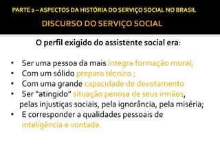 CAPÍTULO 1 – A QUESTÃO SOCIAL NAS DÉCADAS DE 20 E 30 E AS BASES PARA A IMPLANTAÇÃO DO SERVIÇO SOCIAL.

DISCURSO DO SERVIÇO SOCIAL

O perfil exigido do assistente social era:

•
•
•
•

Ser uma pessoa da mais íntegra formação moral;
Com um sólido preparo técnico ;
Com uma grande capacidade de devotamento
Ser “atingido” situação penosa de seus irmãos,
pelas injustiças sociais, pela ignorância, pela miséria;
• E corresponder a qualidades pessoais de
inteligência e vontade.

 