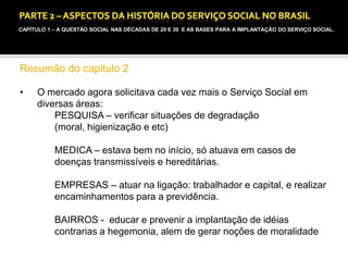 CAPÍTULO 1 – A QUESTÃO SOCIAL NAS DÉCADAS DE 20 E 30 E AS BASES PARA A IMPLANTAÇÃO DO SERVIÇO SOCIAL.

Resumão do capitulo 2
•

O mercado agora solicitava cada vez mais o Serviço Social em
diversas áreas:
PESQUISA – verificar situações de degradação
(moral, higienização e etc)
MEDICA – estava bem no início, só atuava em casos de
doenças transmissíveis e hereditárias.
EMPRESAS – atuar na ligação: trabalhador e capital, e realizar
encaminhamentos para a previdência.
BAIRROS - educar e prevenir a implantação de idéias
contrarias a hegemonia, alem de gerar noções de moralidade

 