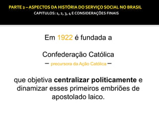 CAPITULOS: 1, 2, 3, 4 E CONSIDERAÇÕES FINAIS

CAPÍTULO 1 – A QUESTÃO SOCIAL NAS DÉCADAS DE 20 E 30 E AS BASES PARA A IMPLANTAÇÃO DO SERVIÇO SOCIAL.

Em 1922 é fundada a
Confederação Católica
– precursora da Ação Católica –
que objetiva centralizar politicamente e
dinamizar esses primeiros embriões de
apostolado laico.

 