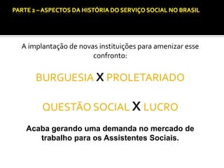 CAPÍTULO 1 – A QUESTÃO SOCIAL NAS DÉCADAS DE 20 E 30 E AS BASES PARA A IMPLANTAÇÃO DO SERVIÇO SOCIAL.

A implantação de novas instituições para amenizar esse
confronto:

BURGUESIA X PROLETARIADO
QUESTÃO SOCIAL X LUCRO
Acaba gerando uma demanda no mercado de
trabalho para os Assistentes Sociais.

 