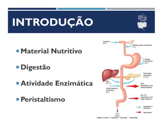 INTRODUÇÃO
 Material Nutritivo
 Digestão
 Atividade Enzimática
 Peristaltismo
 