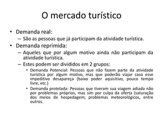 O mercado turístico
• Demanda real:
– São as pessoas que já participam da atividade turística.
• Demanda reprimida:
– Aqueles que por algum motivo ainda não participam da
atividade turística.
– Estes podem ser divididos em 2 grupos:
• Demanda Potencial: Pessoas que não fazem parte da atividade
turística por algum motivo, mas que poderão viajar caso esse
impeditivo desapareça (baixo poder aquisitivo, pouco tempo
livre, etc.)
• Demanda protelada: Pessoas que tiveram sua viagem adiada não
por problemas próprios, mas sim por culpa da oferta (saturação
dos meios de hospedagem; problemas meteorológicos, entre
outros.
 