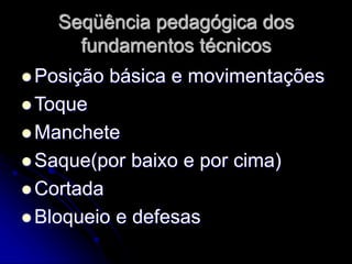 Seqüência pedagógica dos
fundamentos técnicos
 Posição básica e movimentações
 Toque
 Manchete
 Saque(por baixo e por cima)
 Cortada
 Bloqueio e defesas
 