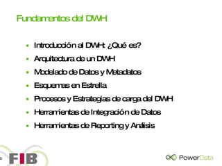 Fundamentos del DWH Introducción al DWH: ¿Qué es? Arquitectura de un DWH Modelado de Datos y Metadatos Esquemas en Estrella Procesos y Estrategias de carga del DWH Herramientas de Integración de Datos Herramientas de Reporting y Análisis 