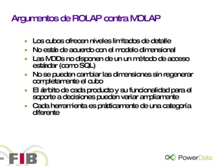 Argumentos de ROLAP contra MOLAP Los cubos ofrecen niveles limitados de detalle No están de acuerdo con el modelo dimensional Las MDDs no disponen de un un método de acceso estándar (como SQL) No se pueden cambiar las dimensiones sin regenerar completamente el cubo El ámbito de cada producto y su funcionalidad para el soporte a decisiones pueden variar ampliamente Cada herramienta es prácticamente de una categoría diferente 