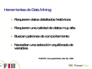 Herramientas de Data Mining: Requieren datos detallados históricos Requieren una calidad de datos muy alta Buscan patrones de comportamiento Necesitan una selección equilibrada de variables FUENTE: ComputerWorld, Mar 29, 1999 