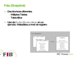 Foto (Snapshot) Dos técnicas diferentes Múltiples Tablas Tabla Única Uso de  Fecha Efectiva Inicio  en un ejemplo. Metadatos a nivel de registro 