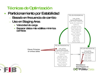 Técnicas de Optimización Particionamiento por Estabilidad Basado en frecuencia de cambio Uso en Staging Area Velocidad de carga Separar datos más volátiles minimiza cambios Claves Primarias en ambas tablas Metadatos a Nivel Registro en ambas tablas 