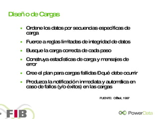Diseño de Cargas Ordene los datos por secuencias específicas de carga Fuerce a reglas limitadas de integridad de datos Busque la carga correcta de cada paso Construya estadísticas de carga y mensajes de error Cree el plan para cargas fallidas – qué debe ocurrir Produzca la notificación inmediata y automática en caso de fallos (y/o éxitos) en las cargas FUENTE:  O’Neil, 1997 