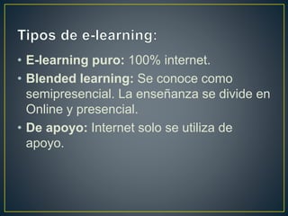 • E-learning puro: 100% internet.
• Blended learning: Se conoce como
semipresencial. La enseñanza se divide en
Online y presencial.
• De apoyo: Internet solo se utiliza de
apoyo.
 