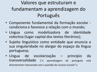 Valores que estruturam e fundamentam a aprendizagem do PortuguêsComponente fundamental da formação escolar - condiciona e favorece a relação com o mundo;Língua como modelizadora de identidade colectiva (lugar capital dos textos literários);Sujeito linguístico como entidade que enuncia a sua singularidade no alargar do espaço da língua portuguesa;Língua de escolarização – princípio da transversalidade (“a aprendizagem do português está directamente relacionada com a questão do sucesso escolar”).