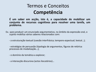 Termos e ConceitosCompetênciaÉ um saber em acção, isto é, a capacidade de mobilizar um conjunto de recursos cognitivos para resolver uma tarefa, um problema.Ex.: para produzir um enunciado argumentativo, no âmbito da expressão oral, o sujeito mobiliza vários saberes relacionados com:      - a estruturação textual (coesão interfrásica; temporo-aspectual; lexical…);      - estratégias de persuasão (tipologia de argumentos, figuras de retórica processos de modalização…);      - o domínio da temática a explorar;      - a interacção discursiva (actos ilocutórios)…
