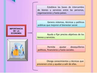 IMPORTANCIA
DE LA
ECONOMÍA
Establece las bases de intercambio
de bienes y servicios entre las personas,
organizaciones y hasta países.
Otorga conocimientos y técnicas que
previenen crisis y ayudan a salir de ellas.
Genera sistemas, técnicas y políticas
públicas que mejoren el bienestar social.
Ayuda a fijar precios objetivos de los
bienes y servicios.
Permite ajustar desequilibrios
políticos, financieros y hasta sociales.
 
