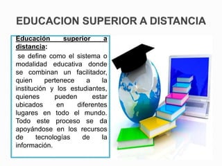 Educación superior a
distancia:
se define como el sistema o
modalidad educativa donde
se combinan un facilitador,
quien pertenece a la
institución y los estudiantes,
quienes pueden estar
ubicados en diferentes
lugares en todo el mundo.
Todo este proceso se da
apoyándose en los recursos
de tecnologías de la
información.
 