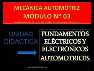 MECÁNICA AUTOMOTRIZMÓDULO Nº 03(mantenimiento del sistema eléctrico electrónico automotriz)  FUNDAMENTOS ELÉCTRICOS Y ELECTRÓNICOS AUTOMOTRICES Ing. JUAN JOSE NINA CH. 1 UNIDAD DIDACTICA 