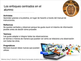 Los enfoques centrados en el
alumno
Activistas
Aprenden gracias a la práctica, en lugar de hacerlo a través del manual de
instrucciones.
Reﬂexivos
Se quedan sentados y observan porque les gusta reunir el máximo de información
posible antes de decidir cómo proceder.
Teóricos
Les gusta adaptar e integrar todas las observaciones
en teorías o marcos de manera que puedan ver cómo se relaciona una observación
con todas las otras.
Pragmáticos
Siempre buscan ideas nuevas que puedan
utilizar.
Referencia: Honey, P. y Mumford, A., (1992), Manual of learning styles, (3a edición), Honey, Londres.
 