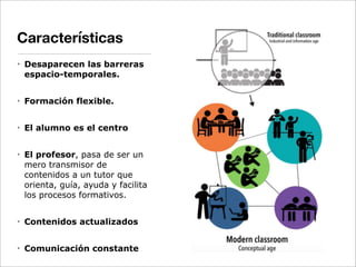Características
• Desaparecen las barreras
espacio-temporales.
• Formación flexible.
• El alumno es el centro
• El profesor, pasa de ser un
mero transmisor de
contenidos a un tutor que
orienta, guía, ayuda y facilita
los procesos formativos.
• Contenidos actualizados
• Comunicación constante
 