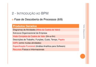 2 - INTRODUÇÃO AO BPM
 Fase de Descoberta de Processos (8/8)




                                                            Twitter: @jaguaracisilva
                                                            Twitter: @jaguaracisilva
Produtos Gerados
Diagramas de Atividades (Meta da Cadeia de Valor)
Estrutura Organizacional da Empresa
Visão Completa da Cadeia de Valor (fim-a-fim)
Descrições de Trabalho, Funções, Custo, Tempo, Papéis
GAPs (entre muitas atividades)
Especificação Funcional (Análise Analítica para Software)
Recursos Físicos e Informacionais
 