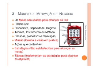 3 – MODELO DE MOTIVAÇÃO DE NEGÓCIO
 Os Meios são usados para alcançar os fins
 Podem ser:




                                                     Twitter: @jaguaracisilva
                                                     Twitter: @jaguaracisilva
 Dispositivo, Capacidade, Regime,
 Técnica, Instrumento ou Método
 Pessoas, processos e motivação
 Missão (Coloca a visão em prática)
 Ações que contenham:
 Estratégias (São estabelecidas para alcançar as
 metas)
 Táticas (Implementam as estratégias para alcançar
 os objetivos)
 