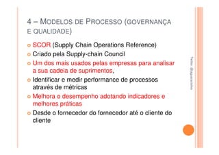 4 – MODELOS DE PROCESSO (GOVERNANÇA
E QUALIDADE)

 SCOR (Supply Chain Operations Reference)
 Criado pela Supply-chain Council




                                                     Twitter: @jaguaracisilva
                                                     Twitter: @jaguaracisilva
 Um dos mais usados pelas empresas para analisar
 a sua cadeia de suprimentos,
 Identificar e medir performance de processos
 através de métricas
 Melhora o desempenho adotando indicadores e
 melhores práticas
 Desde o fornecedor do fornecedor até o cliente do
 cliente
 