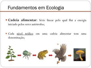  Cadeia alimentar: Série linear pelo qual flui a energia
iniciado pelos seres autótrofos;
 Cada nível trófico em uma cadeia alimentar tem uma
denominação;
Fundamentos em Ecologia
 