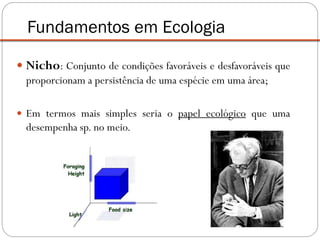  Nicho: Conjunto de condições favoráveis e desfavoráveis que
proporcionam a persistência de uma espécie em uma área;
 Em termos mais simples seria o papel ecológico que uma
desempenha sp. no meio.
Fundamentos em Ecologia
 