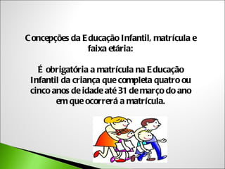 C oncepções da E ducação Infantil, matrícula e
                 faixa etária:

   É obrigatória a matrícula na E ducação
 Infantil da criança que completa quatro ou
 cinco anos de idade até 31 de março do ano
        em que ocorrerá a matrícula.
 