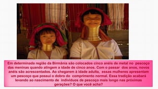 Em determinada região da Birmânia são colocados cinco anéis de metal no pescoço
das meninas quando atingem a idade de cinco anos. Com o passar dos anos, novos
anéis são acrescentados. Ao chegarem à idade adulta, essas mulheres apresentam
um pescoço que possui o dobro do comprimento normal. Essa tradição acabará
levando ao nascimento de indivíduos de pescoço mais longo nas próximas
gerações? O que você acha?
 