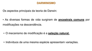 DARWINISMO
Os aspectos principais da teoria de Darwin:
▪ As diversas formas de vida surgiram de ancestrais comuns por
modificações na descendência.
▪ O mecanismo de modificação é a seleção natural.
▪ Indivíduos de uma mesma espécie apresentam variações.
 