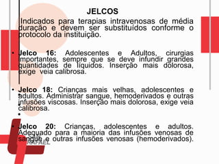JELCOS
Indicados para terapias intravenosas de média
duração e devem ser substituídos conforme o
protocolo da instituição.
• Jelco 16: Adolescentes e Adultos, cirurgias
importantes, sempre que se deve infundir grandes
quantidades de líquidos. Inserção mais dolorosa,
exige veia calibrosa.
• Jelco 18: Crianças mais velhas, adolescentes e
adultos. Administrar sangue, hemoderivados e outras
infusões viscosas. Inserção mais dolorosa, exige veia
calibrosa.
• Jelco 20: Crianças, adolescentes e adultos.
Adequado para a maioria das infusões venosas de
sangue e outras infusões venosas (hemoderivados).
 