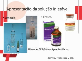 Apresentação da solução injetável
• Ampola • Frasco
Diluente: SF 0,9% ou água destilada.
(POTTER e PERRY, 2005, p. 925)
 