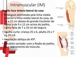 Intramuscular (IM)
Região face ântero-lateral da coxa
• Retângulo delimitado pela linha média
anterior e linha média lateral da coxa, de
12 a 15 cm abaixo do grande trocânter do
fêmur e de 9 a 12 cm acima do joelho,
numa faixa de 7 a 10 cm de largura.
• Agulha curta: criança 25 x 6, adulto 25 x 7
ou 25 x 8.
• Angulação oblíqua de 45º.
• Decúbito sentado: com a flexão do joelho,
há o relaxamento do músculo.
 