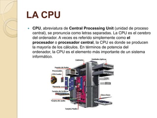 LA CPU
   CPU, abreviatura de Central Processing Unit (unidad de proceso
    central), se pronuncia como letras separadas. La CPU es el cerebro
    del ordenador. A veces es referido simplemente como el
    procesador o procesador central, la CPU es donde se producen
    la mayoría de los cálculos. En términos de potencia del
    ordenador, la CPU es el elemento más importante de un sistema
    informático.
 