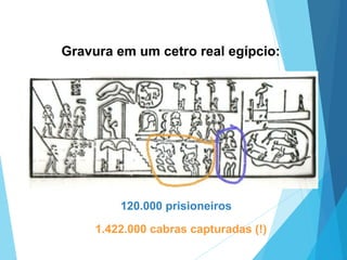 Gravura em um cetro real egípcio:
120.000 prisioneiros
1.422.000 cabras capturadas (!)
 