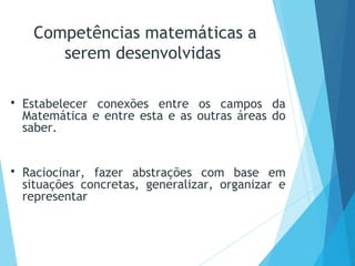 Competências matemáticas a
serem desenvolvidas
 Estabelecer conexões entre os campos da
Matemática e entre esta e as outras áreas do
saber.
 Raciocinar, fazer abstrações com base em
situações concretas, generalizar, organizar e
representar
 