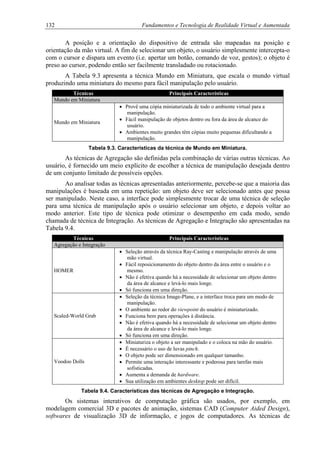 132 Fundamentos e Tecnologia de Realidade Virtual e Aumentada
A posição e a orientação do dispositivo de entrada são mapeadas na posição e
orientação da mão virtual. A fim de selecionar um objeto, o usuário simplesmente intercepta-o
com o cursor e dispara um evento (i.e. apertar um botão, comando de voz, gestos); o objeto é
preso ao cursor, podendo então ser facilmente transladado ou rotacionado.
A Tabela 9.3 apresenta a técnica Mundo em Miniatura, que escala o mundo virtual
produzindo uma miniatura do mesmo para fácil manipulação pelo usuário.
Técnicas Principais Características
Mundo em Miniatura
Mundo em Miniatura
• Provê uma cópia miniaturizada de todo o ambiente virtual para a
manipulação.
• Fácil manipulação de objetos dentro ou fora da área de alcance do
usuário.
• Ambientes muito grandes têm cópias muito pequenas dificultando a
manipulação.
Tabela 9.3. Características da técnica de Mundo em Miniatura.
As técnicas de Agregação são definidas pela combinação de várias outras técnicas. Ao
usuário, é fornecido um meio explícito de escolher a técnica de manipulação desejada dentro
de um conjunto limitado de possíveis opções.
Ao analisar todas as técnicas apresentadas anteriormente, percebe-se que a maioria das
manipulações é baseada em uma repetição: um objeto deve ser selecionado antes que possa
ser manipulado. Neste caso, a interface pode simplesmente trocar de uma técnica de seleção
para uma técnica de manipulação após o usuário selecionar um objeto, e depois voltar ao
modo anterior. Este tipo de técnica pode otimizar o desempenho em cada modo, sendo
chamada de técnica de Integração. As técnicas de Agregação e Integração são apresentadas na
Tabela 9.4.
Técnicas Principais Características
Agregação e Integração
HOMER
• Seleção através da técnica Ray-Casting e manipulação através de uma
mão virtual.
• Fácil reposicionamento do objeto dentro da área entre o usuário e o
mesmo.
• Não é efetiva quando há a necessidade de selecionar um objeto dentro
da área de alcance e levá-lo mais longe.
• Só funciona em uma direção.
Scaled-World Grab
• Seleção da técnica Image-Plane, e a interface troca para um modo de
manipulação.
• O ambiente ao redor do viewpoint do usuário é miniaturizado.
• Funciona bem para operações à distância.
• Não é efetiva quando há a necessidade de selecionar um objeto dentro
da área de alcance e levá-lo mais longe.
• Só funciona em uma direção.
Voodoo Dolls
• Miniaturiza o objeto a ser manipulado e o coloca na mão do usuário.
• É necessário o uso de luvas pinch.
• O objeto pode ser dimensionado em qualquer tamanho.
• Permite uma interação interessante e poderosa para tarefas mais
sofisticadas.
• Aumenta a demanda de hardware.
• Sua utilização em ambientes desktop pode ser difícil.
Tabela 9.4. Características das técnicas de Agregação e Integração.
Os sistemas interativos de computação gráfica são usados, por exemplo, em
modelagem comercial 3D e pacotes de animação, sistemas CAD (Computer Aided Design),
softwares de visualização 3D de informação, e jogos de computadores. As técnicas de
 