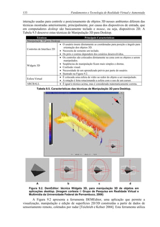 133 Fundamentos e Tecnologia de Realidade Virtual e Aumentada
interação usadas para controle e posicionamento de objetos 3D nesses ambientes diferem das
técnicas mostradas anteriormente, principalmente, por causa dos dispositivos de entrada, que
em computadores desktop são basicamente teclado e mouse, ou seja, dispositivos 2D. A
Tabela 9.5 descreve estas técnicas de Manipulação 3D para Desktop.
Técnicas Principais Características
Manipulação 3D para Desktop
Controles de Interface 2D
• O usuário insere diretamente as coordenadas para posição e ângulo para
orientação dos objetos 3D.
• Necessita de somente um teclado.
• Os prós e contras dependem dos cenários desenvolvidos.
Widgets 3D
• Os controles são colocados diretamente na cena com os objetos a serem
manipulados.
• Seqüências de manipulação ficam mais simples e diretas.
• Confusão visual.
• Necessidade de um aprendizado prévio por parte do usuário.
• Ilustrado na Figura 9.2.
Esfera Virtual
• É colocada uma esfera de vidro ao redor do objeto a ser manipulado.
• A rotação é feita rotacionando a esfera com o uso de um cursor.
ARCBALL • É igual à técnica acima, mas é considerada matematicamente correta.
Tabela 9.5. Características das técnicas de Manipulação 3D para Desktop.
A b c d
Figura 9.2. DemEditor: técnica Widgets 3D, para manipulação 3D de objetos em
aplicações desktop. (Imagem cortesia © Grupo de Pesquisa em Realidade Virtual e
Multimídia da Universidade Federal de Pernambuco, 2006)
A Figura 9.2 apresenta a ferramenta DEMEditor, uma aplicação que permite a
visualização, manipulação e edição de superfícies 2D/3D construídas a partir de dados de
sensoriamento remoto, coletados por radar [Teichrieb e Kelner 2004]. Esta ferramenta utiliza
 