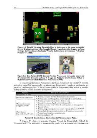 137 Fundamentos e Tecnologia de Realidade Virtual e Aumentada
Figura 9.5. Meta3D: técnicas Camera-in-Hand e Agarrando o Ar, para navegação
através de direcionamento e Manipulação Manual, respectivamente. (Imagem cortesia
© Grupo de Pesquisa em Realidade Virtual e Multimídia da Universidade Federal de
Pernambuco, 2006).
Figura 9.6. Gran Turism OGRE: técnica Physical Props, para navegação através de
direcionamento. (Imagem cortesia © Grupo de Pesquisa em Realidade Virtual e
Multimídia da Universidade Federal de Pernambuco, 2006).
O conjunto de técnicas de Planejamento de Rotas, mencionado na Tabela 9.8, permite
ao usuário especificar um caminho ou rota através do ambiente, e então se movimentar ao
longo do caminho escolhido. Estas técnicas envolvem basicamente dois passos: o usuário
planeja e então o sistema executa o planejamento.
Técnicas Principais Características
Planejamento de Rotas
Desenhando um Caminho
• Permite ao usuário desenhar direto na cena um caminho.
• Permite que o desenho seja feito em um mapa 2D ou um WIM 3D.
Marcando Pontos ao
Longo do Caminho
• Permite ao usuário colocar pontos direto na cena.
• Esses pontos, quando ligados, mostram o caminho.
• Permite ao usuário variar o nível de controle (mais ou menos pontos).
• Baixo feedback.
• Permite que pontos sejam colocados em um mapa 2D ou um WIM 3D.
Manipulando a
Representação do Usuário
• Manipulação da representação do usuário, descrevendo um caminho.
• Permite boa orientação e posicionamento.
• Ilustrado na Figura 9.7.
Tabela 9.8. Características das técnicas de Planejamento de Rotas.
A Figura 9.7 ilustra a aplicação Campus Virtual da Universidade Federal de
Pernambuco (UFPE), mostrando o usuário sendo guiado pelo seu avatar, representado por
 