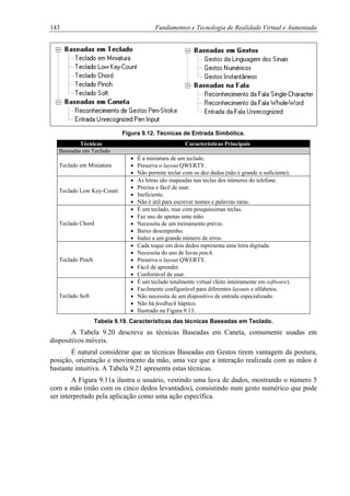 143 Fundamentos e Tecnologia de Realidade Virtual e Aumentada
Figura 9.12. Técnicas de Entrada Simbólica.
Técnicas Características Principais
Baseadas em Teclado
Teclado em Miniatura
• É a miniatura de um teclado.
• Preserva o layout QWERTY.
• Não permite teclar com os dez dedos (não é grande o suficiente).
Teclado Low Key-Count
• As letras são mapeadas nas teclas dos números do telefone.
• Precisa e fácil de usar.
• Ineficiente.
• Não é útil para escrever nomes e palavras raras.
Teclado Chord
• É um teclado, mas com pouquíssimas teclas.
• Faz uso de apenas uma mão.
• Necessita de um treinamento prévio.
• Baixo desempenho.
• Induz a um grande número de erros.
Teclado Pinch
• Cada toque em dois dedos representa uma letra digitada.
• Necessita do uso de luvas pinch.
• Preserva o layout QWERTY.
• Fácil de aprender.
• Confortável de usar.
Teclado Soft
• É um teclado totalmente virtual (feito inteiramente em software).
• Facilmente configurável para diferentes layouts e alfabetos.
• Não necessita de um dispositivo de entrada especializado.
• Não há feedback háptico.
• Ilustrado na Figura 9.13.
Tabela 9.19. Características das técnicas Baseadas em Teclado.
A Tabela 9.20 descreve as técnicas Baseadas em Caneta, comumente usadas em
dispositivos móveis.
É natural considerar que as técnicas Baseadas em Gestos tirem vantagem da postura,
posição, orientação e movimento da mão, uma vez que a interação realizada com as mãos é
bastante intuitiva. A Tabela 9.21 apresenta estas técnicas.
A Figura 9.11a ilustra o usuário, vestindo uma luva de dados, mostrando o número 5
com a mão (mão com os cinco dedos levantados), consistindo num gesto numérico que pode
ser interpretado pela aplicação como uma ação específica.
 