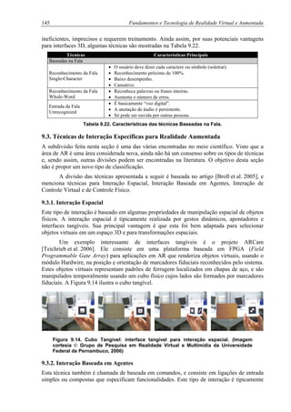 145 Fundamentos e Tecnologia de Realidade Virtual e Aumentada
ineficientes, imprecisos e requerem treinamento. Ainda assim, por suas potenciais vantagens
para interfaces 3D, algumas técnicas são mostradas na Tabela 9.22.
Técnicas Características Principais
Baseadas na Fala
Reconhecimento da Fala
Single-Character
• O usuário deve dizer cada caractere ou símbolo (soletrar).
• Reconhecimento próximo de 100%.
• Baixo desempenho.
• Cansativo.
Reconhecimento da Fala
Whole-Word
• Reconhece palavras ou frases inteiras.
• Aumenta o número de erros.
Entrada da Fala
Unrecognized
• É basicamente “voz digital”.
• A anotação de áudio é persistente.
• Só pode ser ouvida por outras pessoas.
Tabela 9.22. Características das técnicas Baseadas na Fala.
9.3. Técnicas de Interação Específicas para Realidade Aumentada
A subdivisão feita nesta seção é uma das várias encontradas no meio científico. Visto que a
área de AR é uma área considerada nova, ainda não há um consenso sobre os tipos de técnicas
e, sendo assim, outras divisões podem ser encontradas na literatura. O objetivo desta seção
não é propor um novo tipo de classificação.
A divisão das técnicas apresentada a seguir é baseada no artigo [Broll et al. 2005], e
menciona técnicas para Interação Espacial, Interação Baseada em Agentes, Interação de
Controle Virtual e de Controle Físico.
9.3.1. Interação Espacial
Este tipo de interação é baseado em algumas propriedades de manipulação espacial de objetos
físicos. A interação espacial é tipicamente realizada por gestos dinâmicos, apontadores e
interfaces tangíveis. Sua principal vantagem é que esta foi bem adaptada para selecionar
objetos virtuais em um espaço 3D e para transformações espaciais.
Um exemplo interessante de interfaces tangíveis é o projeto ARCam
[Teichrieb et al. 2006]. Ele consiste em uma plataforma baseada em FPGA (Field
Programmable Gate Array) para aplicações em AR que renderiza objetos virtuais, usando o
módulo Hardwire, na posição e orientação de marcadores fiduciais reconhecidos pelo sistema.
Estes objetos virtuais representam padrões de ferrugem localizados em chapas de aço, e são
manipulados temporalmente usando um cubo físico cujos lados são formados por marcadores
fiduciais. A Figura 9.14 ilustra o cubo tangível.
Figura 9.14. Cubo Tangível: interface tangível para interação espacial. (Imagem
cortesia © Grupo de Pesquisa em Realidade Virtual e Multimídia da Universidade
Federal de Pernambuco, 2006)
9.3.2. Interação Baseada em Agentes
Esta técnica também é chamada de baseada em comandos, e consiste em ligações de entrada
simples ou compostas que especificam funcionalidades. Este tipo de interação é tipicamente
 