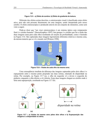 225 Fundamentos e Tecnologia de Realidade Virtual e Aumentada
(a) (b)
Figura 13.5 – a) Efeito de sombra. b) Efeito do gradiente de textura.
Diferente dos efeitos acima descritos, a estereoscopia visual é classificada como efeito
ativo, pois não está presente diretamente em uma imagem, sendo interpretada pelo nosso
cérebro. O efeito estereoscópico é produzido através de um conjunto de elementos, como será
visto a seguir.
Pode-se dizer que “um visor estereoscópico é um sistema óptico cujo componente
final é o cérebro humano” [StereoGraphics 1997]. Isto porque é o cérebro que faz a fusão das
duas imagens (uma para cada olho) resultando em noções de profundidade, como é ilustrado
na Figura 13.6. São capturadas duas imagens ligeiramente diferentes relativas à mesma cena,
da mesma maneira que se vê o mundo real [Watson 1998].
Figura 13.6 – Visões de cada olho da mesma cena.
Uma conseqüência imediata da diferença das imagens capturadas pelos dois olhos é o
espaçamento entre o mesmo ponto projetado nas duas retinas, chamado de disparidade na
retina. Por exemplo, na Figura 13.7 (a), o olho da esquerda vê a árvore à esquerda do
pinheiro, enquanto o olho direito a vê à direita. Estas duas imagens chegam ao cérebro onde é
feita uma superposição, resultando na Figura 13.7 (b).
disparidade na retinadisparidade na retina
(a) (b)
Figura 13.7 – a) Visões da mesma cena pelos dois olhos e b) Superposição das
imagens e a disparidade na retina.
 